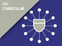 Illustration of a shield connected to multiple nodes on a blue background with the word "Co-Curricular" in the corner, symbolizing co-curricular activities or programs.