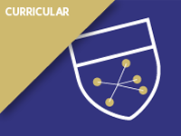 A blue shield with a network diagram of connected dots is partially covered by a beige corner labeled "CURRICULAR."