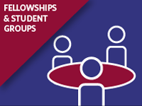 Illustration of three people sitting around a table, with the words "Fellowships & Student Groups" in the top left corner.