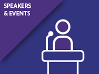 Icon of a person speaking at a podium with a microphone, labeled "Speakers & Events" on a purple background.