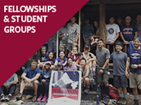 A group of people are gathered outside, with a prominent sign that reads "Wharton Undergraduate Hiking" in the foreground. The text "Fellowships & Student Groups" is displayed on a red background in the top left corner.