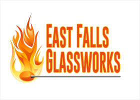 Logo for "East Falls Glassworks" featuring stylized flames and a glassblowing pipe.