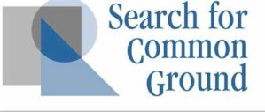 Logo featuring geometric shapes with the text "Search for Common Ground" in blue, representing a focus on conflict resolution and collaboration.